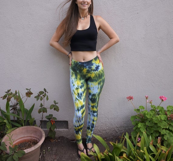 Women's Long Tie Dye Leggings, White Leggings With Yellow, Black and Green,  Tie Dye Cotton/spandex Yoga Pants, Pittsburgh Fan Pants 