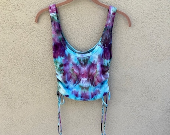 Women's Tie Dye Crop Top in Pink and Purple, Multicolor Scoop Neck Cropped Tank Top, One of a Kind Bohemian Gift for Her // Large