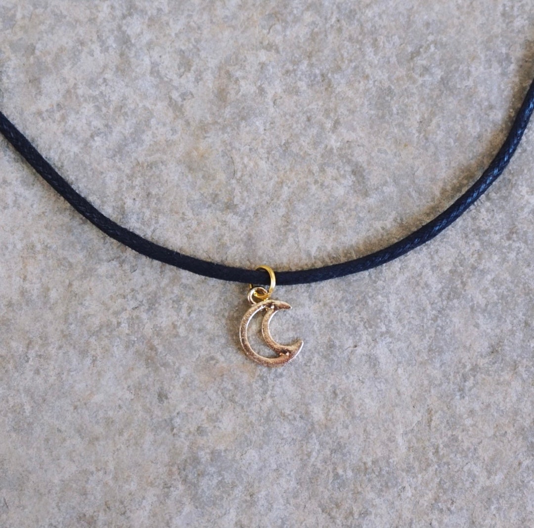 Black Moon Choker With Gold Crescent Moon Charm, Festival Jewelry, Gold ...