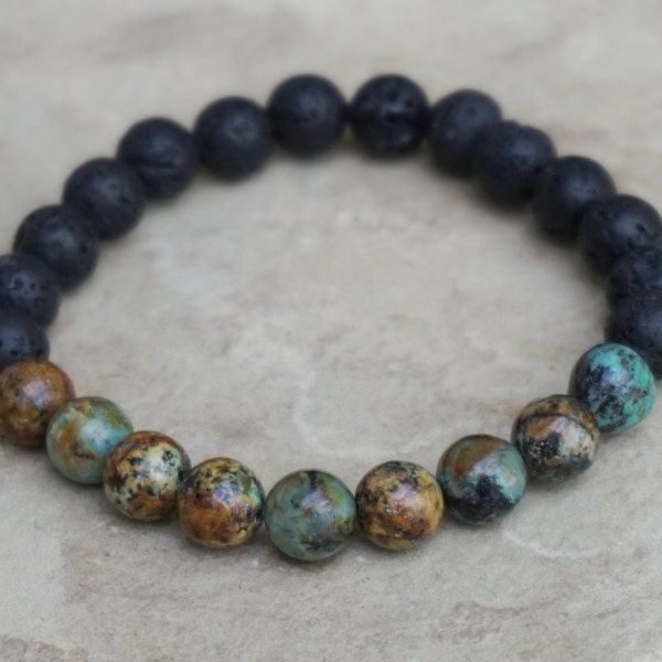 African Turquoise Bracelet for Men, Unisex Beaded Bracelet, Lava Rock Bracelet, Black Men's Bracelet, Turquoise Bracelet, Gift for Him