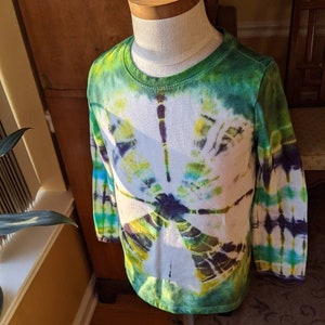 Child Long Sleeve Tie Dye T-Shirt XS (4-5) Kids Tie Dye Cotton Shirt, Green, Blue, Yellow and White Tie Dye Shirt for Child, Unique Top