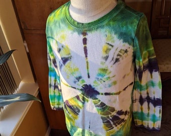Child Long Sleeve Tie Dye T-Shirt XS (4-5) Kids Tie Dye Cotton Shirt, Green, Blue, Yellow and White Tie Dye Shirt for Child, Unique Top