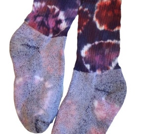 Tie Dye Socks Women's Size 5-9, Purple/Burnt Orange/White Tie Dye Cotton Crew Socks, Unique Socks for Teens and Women, Hippie/Boho Socks