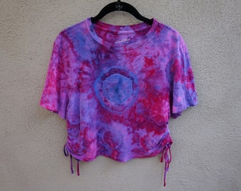 Purple/Pink/Blue Mandala Cropped Tie Dye Tshirt with Side Ties and Crew Neck, One of a Kind, Bohemian Clothing, Gift for Her // Small