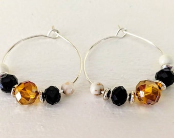 Small Silver Filled Hoop Earrings, Small Silver Hoops, Beaded Silver Hoops, Mother's Day Gift, Black and Gold Jewelry, Pittsburgh Jewelry