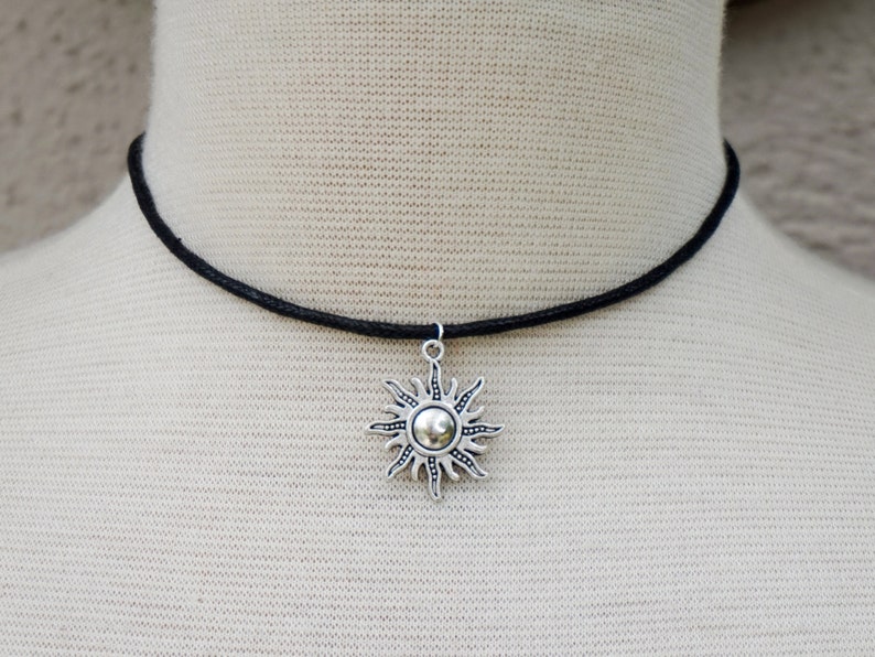 Black Sun Choker on Waxed Cotton Cord, Vegan Choker Necklace with Pendant, Gift for Teen Girl, Festival Jewelry, Women's Jewelry image 3