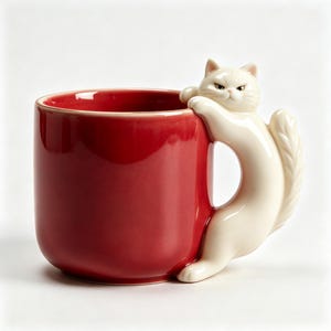 Peut inclure: Un mug en céramique rouge brillant doté d'une anse sculptée en forme de chat blanc. Le chat est représenté avec ses pattes avant posées sur le bord et son corps formant l'anse, sa queue s'étendant vers l'extérieur. Le mug est cylindrique.