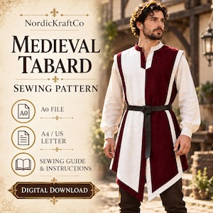 May include: A digital sewing pattern for a medieval tabard by NordicKraftCo. The image displays a person wearing a sleeveless, knee-length tabard with alternating vertical panels of deep burgundy and off-white, cinched with a black belt.