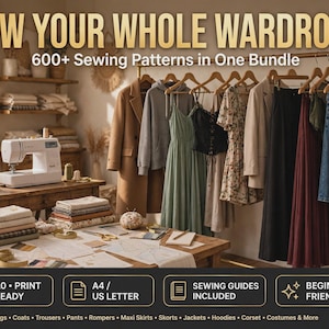 May include: A digital bundle of 600+ sewing patterns titled SEW YOUR WHOLE WARDROBE. The image displays a clothing rack with various garments, a sewing machine, fabric stacks, and sewing tools on a wooden table. Text includes A0 Print Ready, A4/US Letter, Sewing Guides Included, and Beginner Friendly.