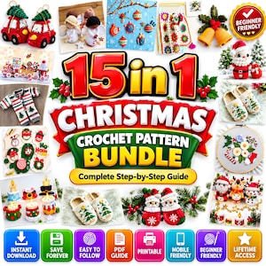 Jul PDF-mönsterpaket, 15 julpysselmönster, virkning, broderi, ornament, ängel, katt, tröja, amigurumi och digital nedladdning