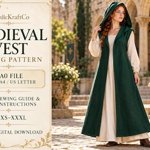 May include: A digital sewing pattern for a hooded vest by NordicKraftCo. The text reads MEDIEVAL VEST SEWING PATTERN, A0 FILE, A4 / US LETTER, SEWING GUIDE & INSTRUCTIONS, XS-XXXL, and DIGITAL DOWNLOAD. A long dark green hooded vest.
