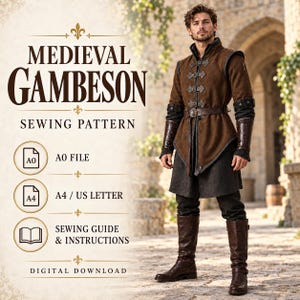 May include: A digital sewing pattern for a medieval gambeson, featuring text that reads MEDIEVAL GAMBESON SEWING PATTERN, A0 FILE, A4 / US LETTER, SEWING GUIDE & INSTRUCTIONS, and DIGITAL DOWNLOAD. The image displays a brown and black gambeson.