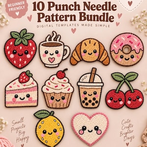 Puede incluir: Un conjunto de 10 patrones de punch needle como plantillas digitales que incluyen diez diseños bordados: una fresa, una taza de café, un croissant, un donut, un trozo de pastel, un cupcake, té boba, cerezas, un limón y un corazón, todos sonrientes.