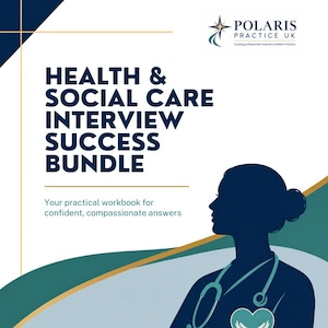 Pode incluir: Uma capa de documento digital intitulada Health & Social Care Interview Success Bundle com o subtítulo Your practical workbook for confident, compassionate answers. Apresenta a silhueta azul-escura de um profissional de saúde com estetoscópio.