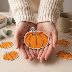 Stryk-på-broderad tyglapp med pumpamotiv (6,6 x 6,3 cm)