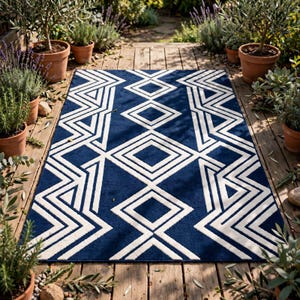 Könnte beinhalten: Ein rechteckiger Teppich mit tiefblauem Hintergrund und einem markanten weißen geometrischen Muster aus miteinander verbundenen Rauten und Zickzacklinien, die die gesamte Oberfläche des Bodenbelags bedecken.