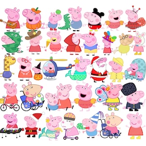 May include: A collection of Peppa Pig characters in various outfits and scenarios, including costumes like a dinosaur, mermaid, Santa Claus, and fairy, alongside accessories such as a bicycle, wheelchair, helicopter, and musical instruments.