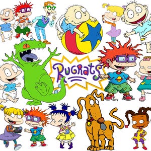 Puede incluir: Una colección de personajes de dibujos animados Rugrats que incluye a Tommy, Chuckie, Angelica, Phil, Lil, Susie y Reptar. Los personajes aparecen con atuendos coloridos junto a una pelota amarilla con una estrella azul y el logotipo de Rugrats en el centro.