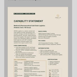 May include: A beige capability statement document for ORVEN Logistics, a medical and pharmaceutical cold chain provider. It lists core competencies, NAICS and PSC codes, past performance data, and contact information including an address in New York.