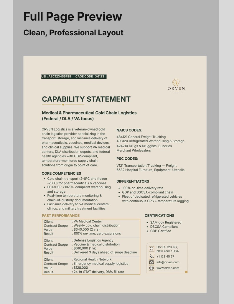 May include: A beige capability statement document for ORVEN Logistics, a medical and pharmaceutical cold chain provider. It lists core competencies, NAICS and PSC codes, past performance data, and contact information including an address in New York.