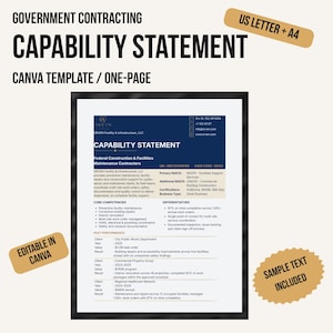 Op de afbeelding: Een eenpagina Canva-sjabloon voor een overheidsopdracht-capaciteitsverklaring. Het document bevat secties voor bedrijfsinformatie, kerncompetenties, onderscheidende factoren en eerdere prestaties. Tekst: US Letter + A4, Editable in Canva, Sample Text Included.