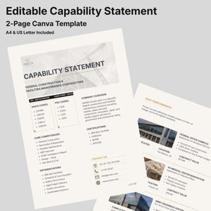 May include: A two-page editable capability statement Canva template featuring a professional layout for construction contractors. The document includes sections for company overview, core competencies, certifications, contact info, and past performance.