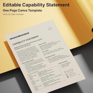 May include: An editable one-page capability statement Canva template for medical and pharmaceutical cold chain logistics. The document includes sections for core competencies, NAICS and PSC codes, differentiators, certifications, and past performance.