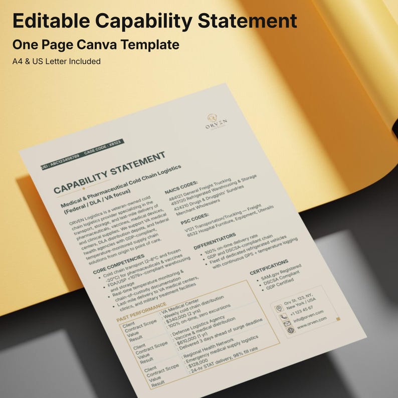 May include: An editable one-page capability statement Canva template for medical and pharmaceutical cold chain logistics. The document includes sections for core competencies, NAICS and PSC codes, differentiators, certifications, and past performance.