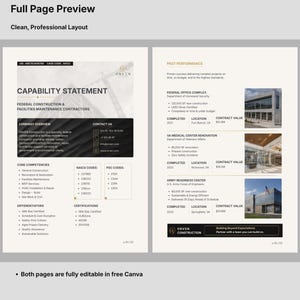 May include: A two-page capability statement template for construction and facilities maintenance contractors. The document features a clean, professional layout with sections for company overview, core competencies, NAICS codes, and past performance.