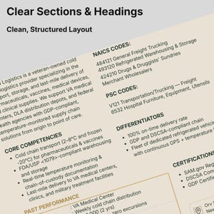 May include: A business document titled Clear Sections & Headings with a Clean, Structured Layout. It details logistics services, including cold chain transport for vaccines, NAICS and PSC codes, differentiators, and certifications for a veteran-owned firm.