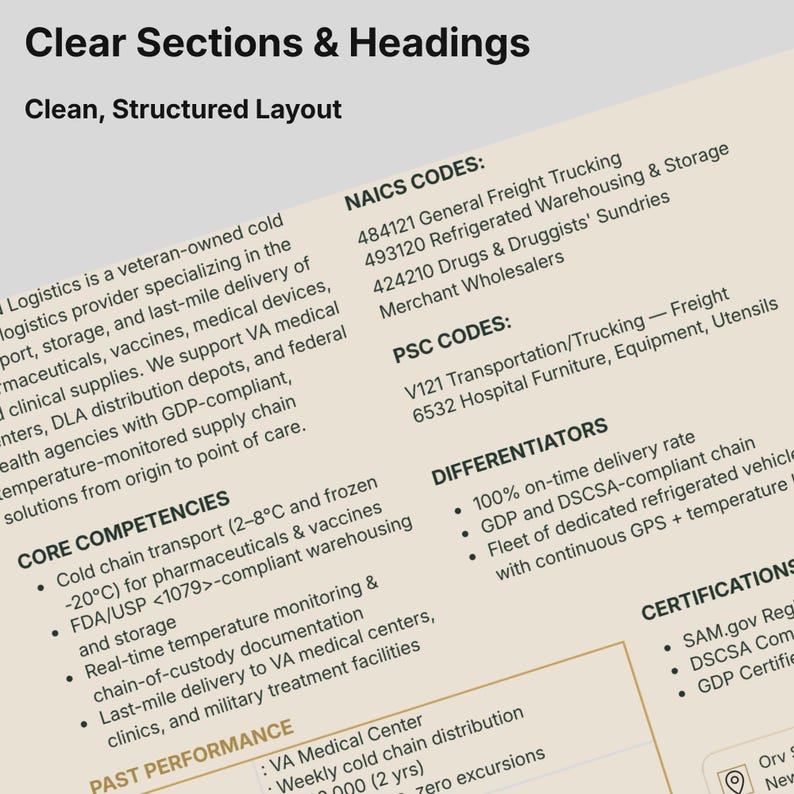 May include: A business document titled Clear Sections & Headings with a Clean, Structured Layout. It details logistics services, including cold chain transport for vaccines, NAICS and PSC codes, differentiators, and certifications for a veteran-owned firm.
