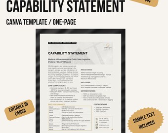 Plantilla editable de una página para la declaración de capacidades – Contratos gubernamentales y pequeñas empresas (Descarga digital)