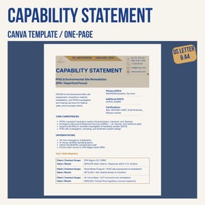 Op de afbeelding: Een Canva-sjabloon voor een capability statement van één pagina voor ORVEN Environmental, met secties voor kerncompetenties, onderscheidende factoren en eerdere prestaties. Het document bevat tekst over PFAS en milieusanering.