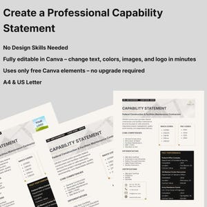 May include: A digital template for a professional capability statement, featuring black text on a white background. The document includes sections for core competencies, NAICS codes, PSC codes, and past performance, available in A4 and US Letter sizes.