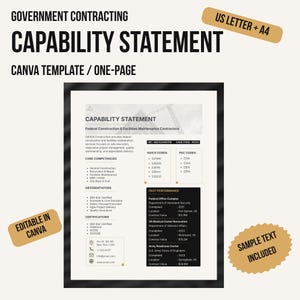 Op de afbeelding: Een Canva-sjabloon van één pagina voor een capability statement voor overheidsopdrachten, met secties voor kerncompetenties, NAICS- en PSC-codes, certificeringen en eerdere prestaties. Het document bevat voorbeeldtekst en is geschikt voor A4.