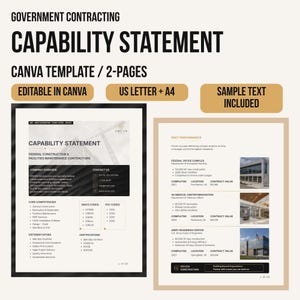 Op de afbeelding: Een Canva-sjabloon van twee pagina's voor een capability statement voor overheidsopdrachten. Het document bevat zwarte en beige tekst, koppen en lay-outsecties, waaronder bedrijfsoverzicht, kerncompetenties en eerdere prestaties.