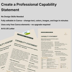 May include: A digital template for a professional capability statement, featuring a beige background with black text. The document includes sections for company name, NAICS codes, PSC codes, core competencies, past performance, and certifications.