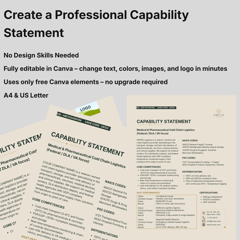 May include: A digital template for a professional capability statement, featuring a beige background with black text. The document includes sections for company name, NAICS codes, PSC codes, core competencies, past performance, and certifications.
