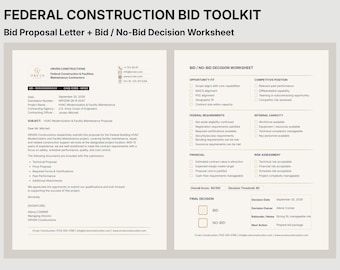 Federal Construction Bid Proposal Canva Template, Contractor Cover Letter + Bid/No-Bid Worksheet