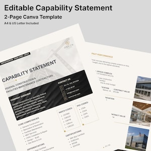 May include: A two-page editable capability statement Canva template in A4 and US Letter sizes. The document features a black and white construction theme with sections for company overview, core competencies, NAICS codes, and past performance.