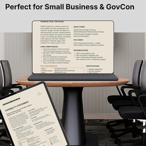 May include: A laptop and a tablet displaying a capability statement for ORVEN Logistics, a veteran-owned cold chain provider. The document details NAICS codes, PSC codes, core competencies, and certifications for pharmaceutical and medical supply transport.