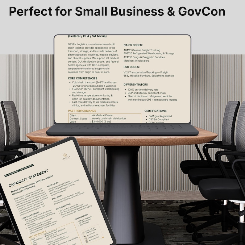 May include: A laptop and a tablet displaying a capability statement for ORVEN Logistics, a veteran-owned cold chain provider. The document details NAICS codes, PSC codes, core competencies, and certifications for pharmaceutical and medical supply transport.