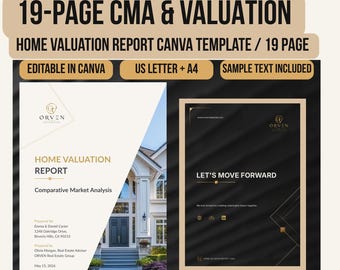 Plantilla de 19 páginas para análisis comparativo de mercado inmobiliario e informe de valoración de vivienda - Presentación editable en Canva