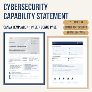 Peut inclure: Un modèle de document numérique intitulé Cybersecurity Capability Statement, comprenant deux pages avec du texte exemple, des champs de contact, des descriptions de services et des indicateurs de performance, modifiable dans Canva.