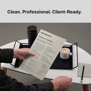 May include: A capability statement document with the text Clean. Professional. Client-Ready. at the top. The document details medical and pharmaceutical cold chain logistics, including core competencies, NAICS codes, and certifications in black text.