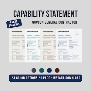 Editable Capability Statement, Canva Template, 1 Page, 4 Color Variations, General Contractor and Govcon