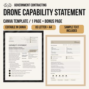 Könnte beinhalten: Eine digitale Dokumentvorlage mit dem Titel Government Contracting Drone Capability Statement. Das Layout umfasst zwei Seiten mit Abschnitten für Unternehmensinformationen, Kernkompetenzen und Leistungsnachweise.