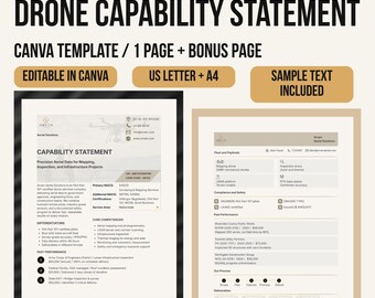 Plantilla de declaración de capacidades de drones, editable en Canva, 1 página + página adicional, folleto comercial de UAV para contratación gubernamental