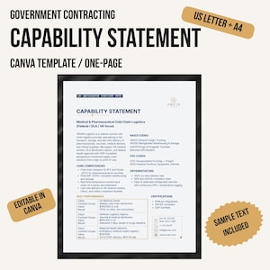 Peut inclure: Un modèle Canva de déclaration de capacité pour les contrats gouvernementaux d'une page. Le document comprend des sections pour les compétences clés, les codes NAICS et PSC, les performances passées et les certifications, avec texte inclus.