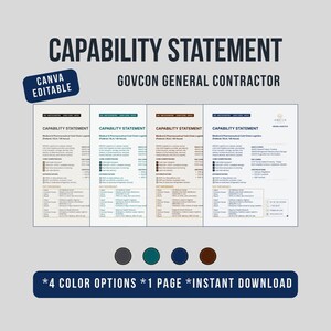 Declaração de Capacidade Editável, Modelo Canva, 1 Página, 4 Variações de Cor, Empreiteira Geral e Construções Governamentais
